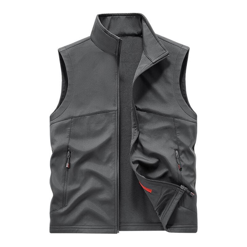 Men's Stand-Up Collar Softshell Vest for Spring and Autumn, Outdoor Casual Fishing Workwear Vest, Slim Fit with Multiple Pockets and Zipper