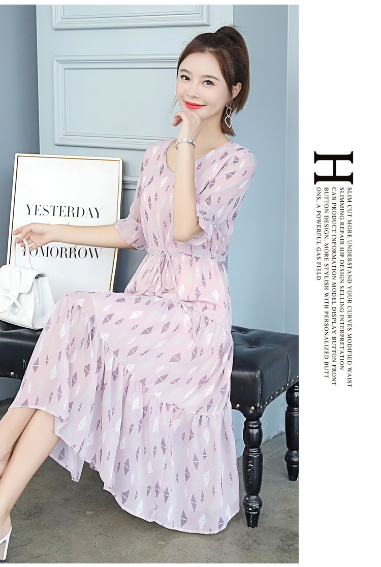 Đầm voan cổ chữ V dài vừa phải 2019 xuân hè thu đông nổi tiếng của phụ nữ - Váy eo cao váy chiết eo cao	