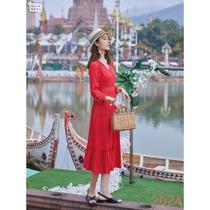 Qinghai Chaka Salt Lake Tourism Ethnic Style Red Dress Seaside Vacation Beach Dress Womens Desert Photo Long Dress