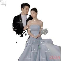 New photo studio theme wedding dress printed meticulous painting retro couple blue tube top trailing sleeveless fishtail evening dress