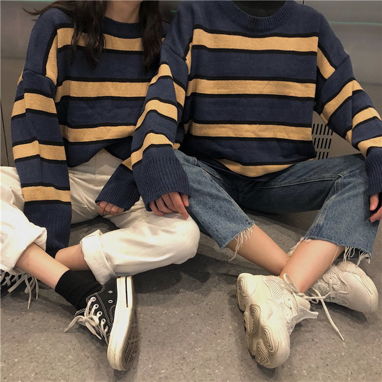 Áo thun có sọc tương phản retro mùa thu 2018 Phụ nữ hoang dã mới áo len gile nữ