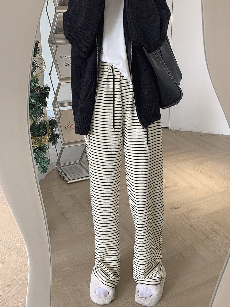 春季2023新款宽松显瘦直筒阔腿裤杏色高腰条纹垂感休闲裤女裤子潮详情8