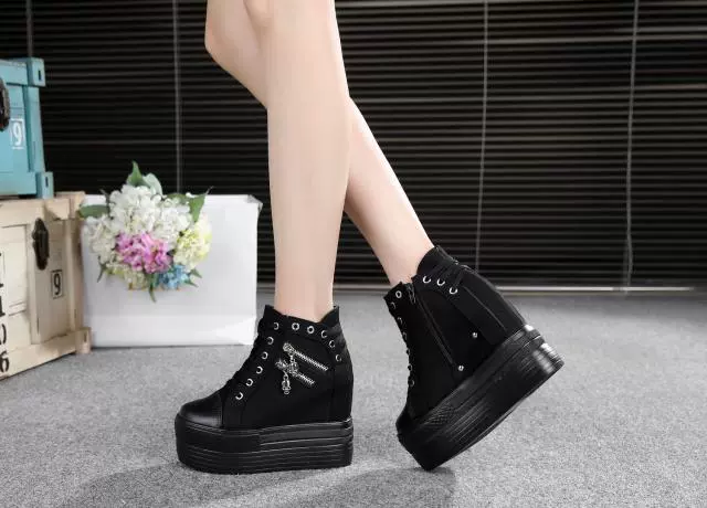 Mùa xuân và mùa thu và mùa đông của phụ nữ tăng giày vải cao gót màu trắng đế dày cao phiên bản Hàn Quốc giày the thao nữ hàn quốc