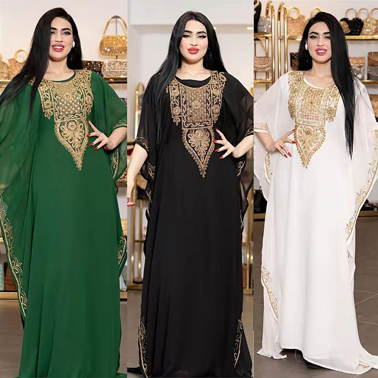 African Plus-Size Women's Batwing Shirt European and American Embroidered Lace Batwing Sleeve Dress Robe Travel Dress