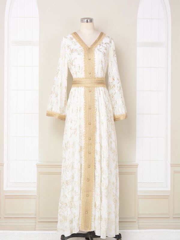 Evening Dress with Loose Waist, Floral Pattern at the Bottom, Gold Stamping, Fashionable Robe, Travel and Vacation Dress