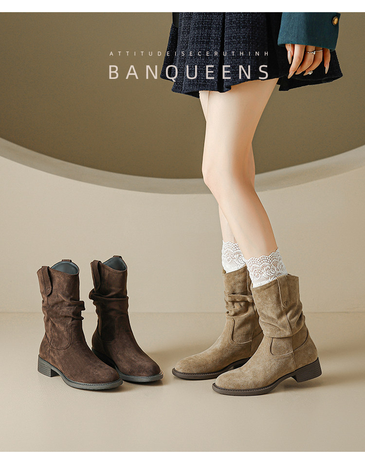 Западные Boots 真皮版！半曲西部牛仔靴2025年秋季美拉德短靴子中筒靴堆堆靴女靴
