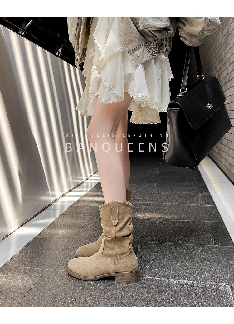 Западные Boots 真皮版！半曲西部牛仔靴2025年秋季美拉德短靴子中筒靴堆堆靴女靴