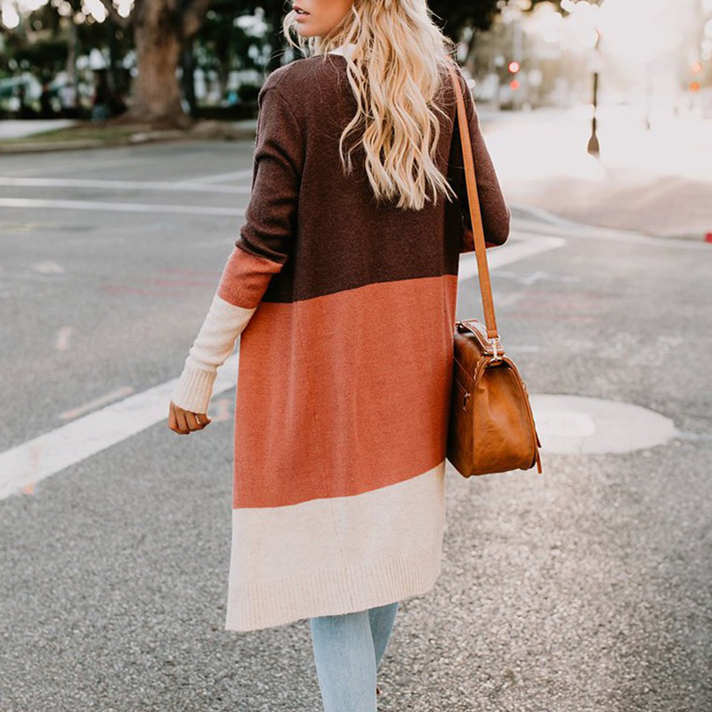 three-color stripe stitching long sweater cardigan NSYF3637