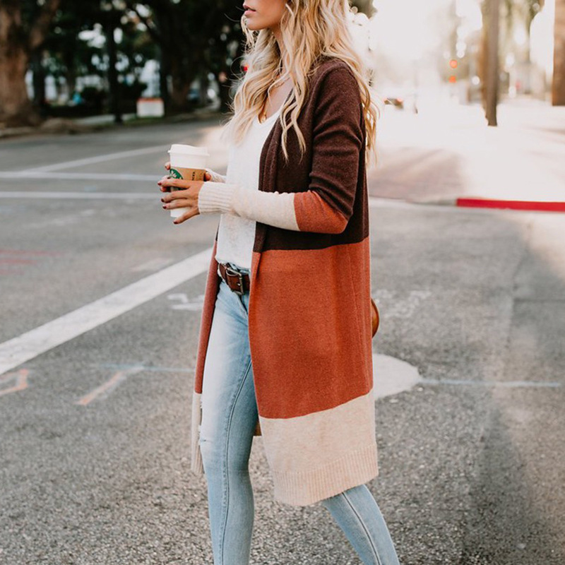 three-color stripe stitching long sweater cardigan NSYF3637