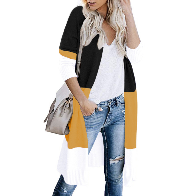 three-color stripe stitching long sweater cardigan NSYF3637