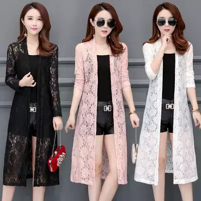 Summer lace hollow sunscreen clothes, air conditioning cardigan, women's medium and long thin shawl jacket, mesh coat