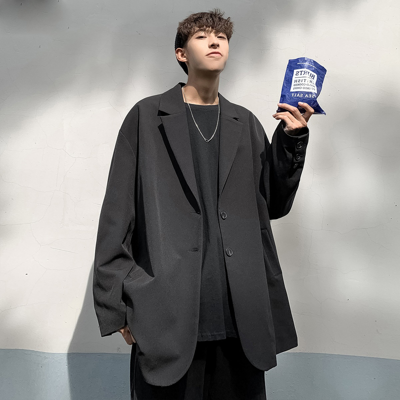 Men's Casual Loose Blazer ins Trendy Cool Oversized Black Hong Kong Style Spring and Autumn Jacket Single Piece Men's Casual Loose Blazer ins Trendy Cool Oversized Black Hong Kong Style Spring and Autumn Jacket Single Piece