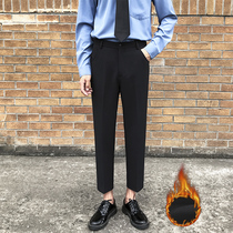 Mens free ironing black casual small trousers Korean version solid color slim nine-point pants trend crease velvet suit pants