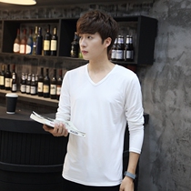 Mens long-sleeved T-shirt base shirt Solid color crew neck Pure white black T-shirt Slim slim mens top clothes