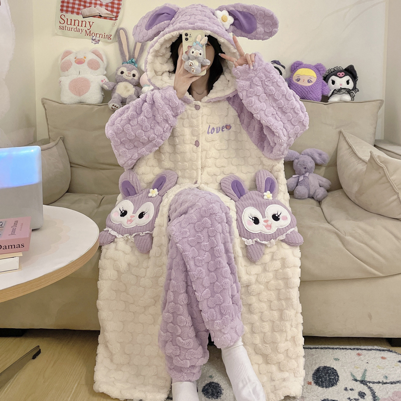 Winter Nightgown for Women, Thickened Coral Fleece Hooded Pajamas, Plus Size, Extra Large Size 100kg for Plus-Size Women, Flannel Set