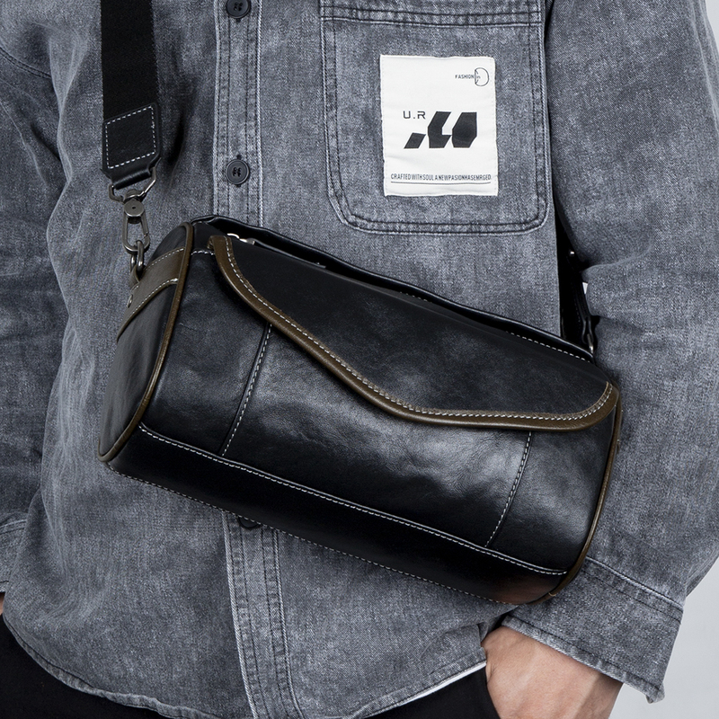 Men's Single-Shoulder Crossbody Bag, Vintage Top-Layer Cowhide, Korean Style Genuine Leather, Large-Capacity Cylindrical Bag, Trendy Casual Bag, Vegetable-Tanned Leather