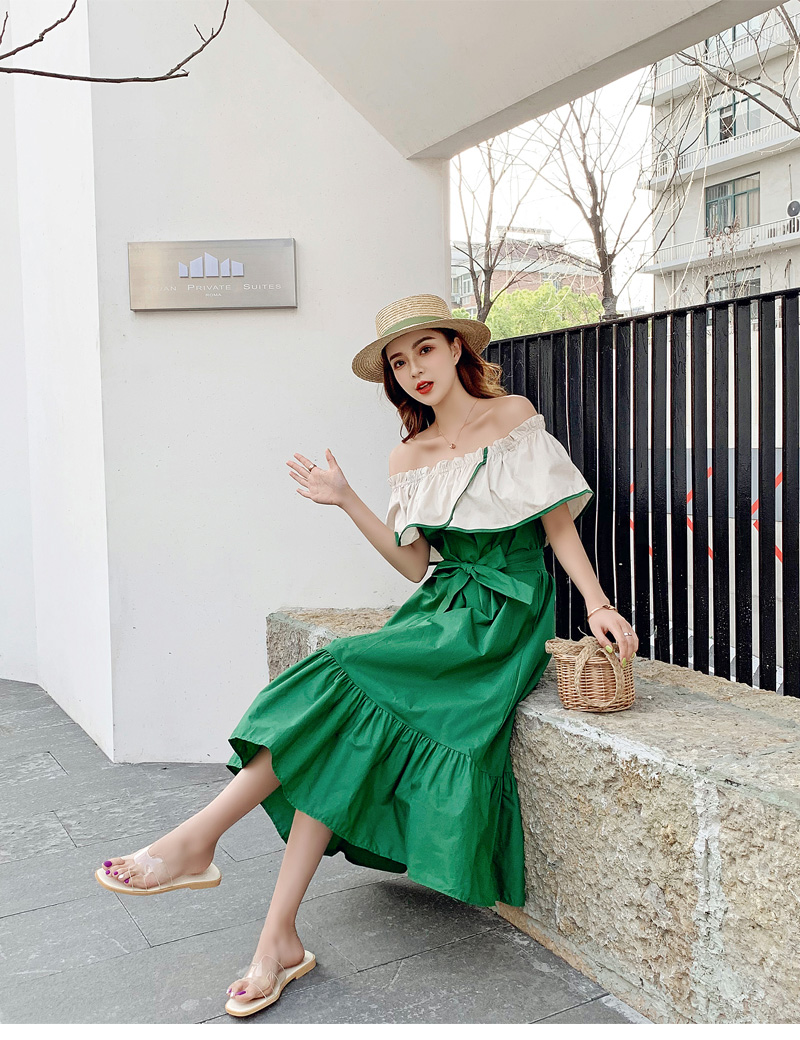 VK旗艦店 韓國風寬鬆荷葉娃娃領一字領蛋糕短袖洋裝