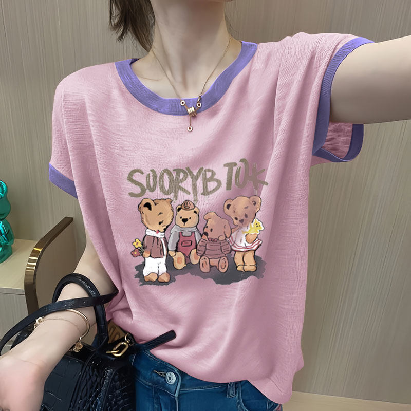 竹节棉卡通小熊印花短袖T恤女夏季新款休闲百搭薄款时尚减龄上衣