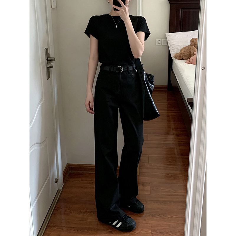 Black Straight-Leg Narrow Wide-Leg Jeans for Women 2026 Autumn and Winter New Pure Cotton High-Waisted Slimming Casual Pants for Petite Figures