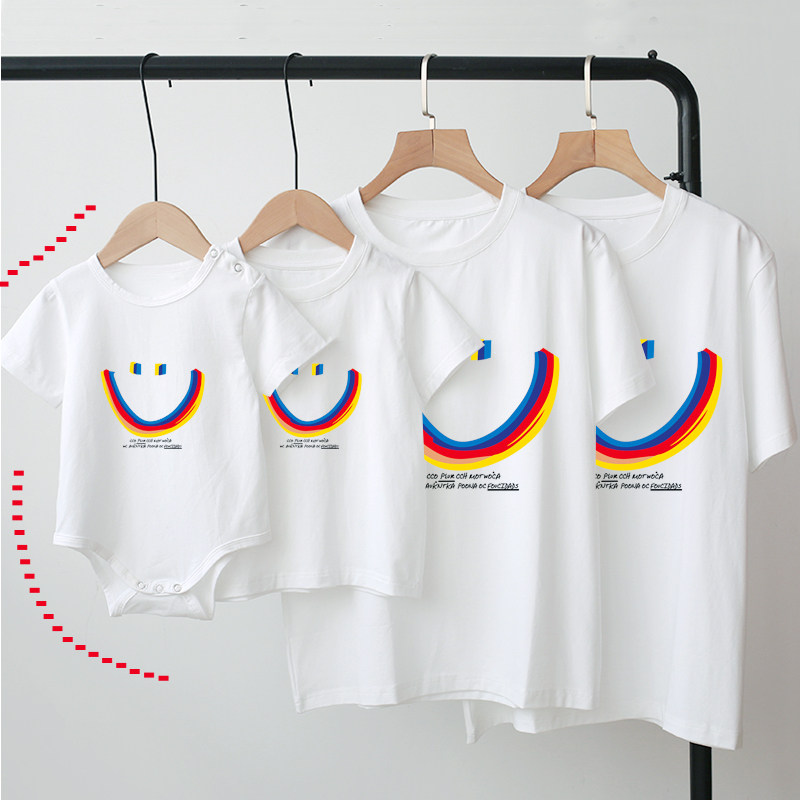 Pro-son fit a three-mouthed summer dress 2022 new baby rainbow smiley face Ocean sends mother and daughter with short sleeve t-shirt