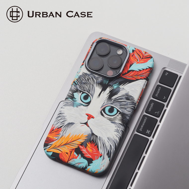 Urban Blue-Eyed Cat Feather Portrait iPhone Case