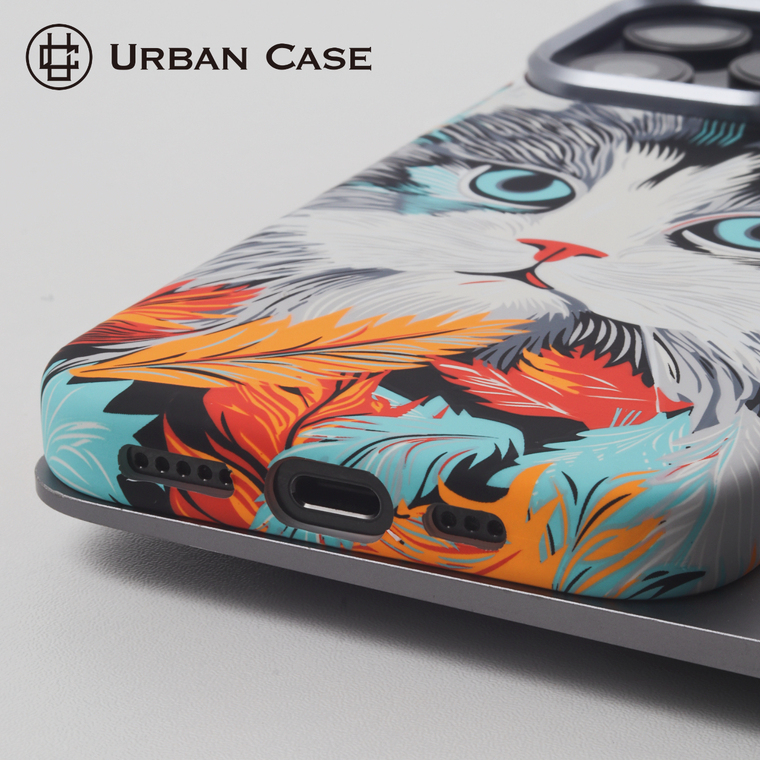 Urban Blue-Eyed Cat Feather Portrait iPhone Case