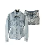 Лонгслив, джинсовый корсет, куртка, юбка, комплект, популярно в интернете, осенний