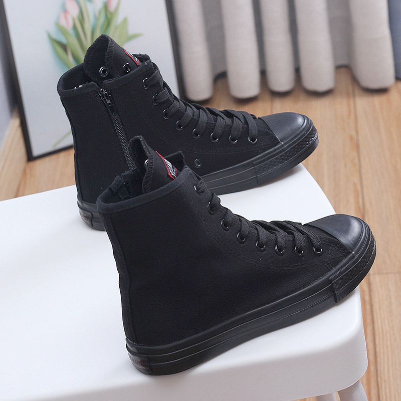All-Black High-Top Canvas Shoes for Women 2026 Casual New Style Side Zipper Inner Height-Increasing Flat Sneakers Versatile Large Size Shoes