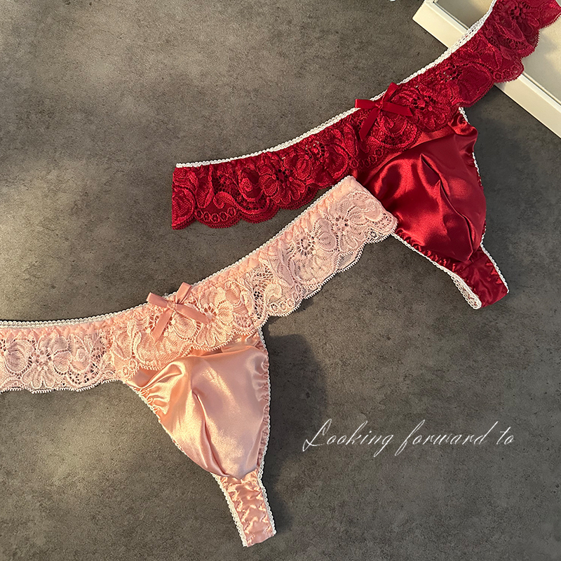 Men's Pink Sexy Exquisite Lace-Trimmed Briefs Satin Comfortable Breathable Soft T-String Briefs