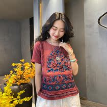 (Hangzhou Hiriu dress) Ethnic wind Heavy work embroidery blouses round collar 2021 Summer loose retro