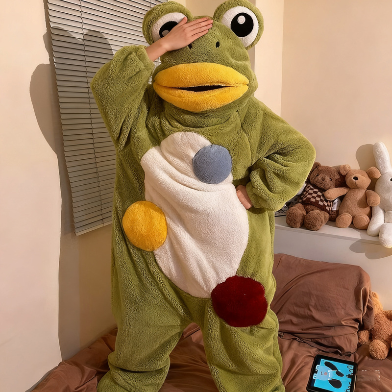 Ugly Fish Frog One-Piece Pajamas for Women Winter 2026 New Coral Fleece Men's Thickened Plush Couple Adult Homewear