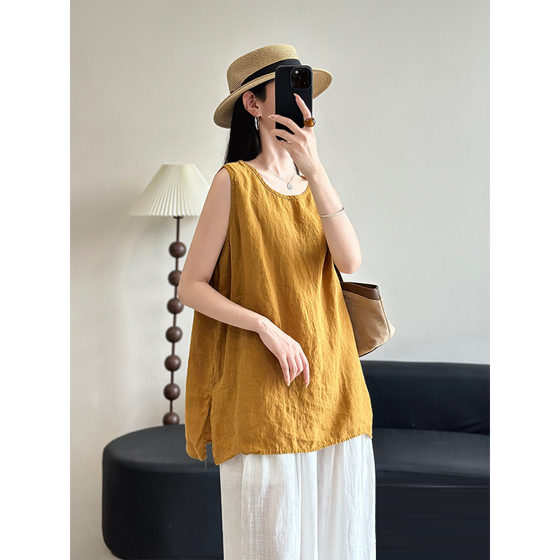 Trendy European-Style Hong Kong Casual Sleeveless Summer New Cotton and Linen Vest Top Versatile Loose T-Shirt Women's Clothing