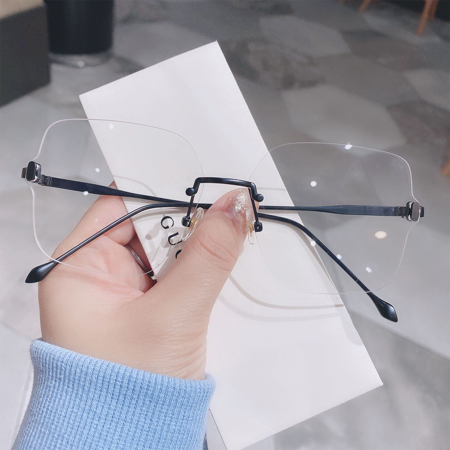 Borderless Glasses Ultra Light Decoration Vegan Feminine Fashion Flat Mirror Ultra Light Male face Slim Net Red with Korean version of the tide