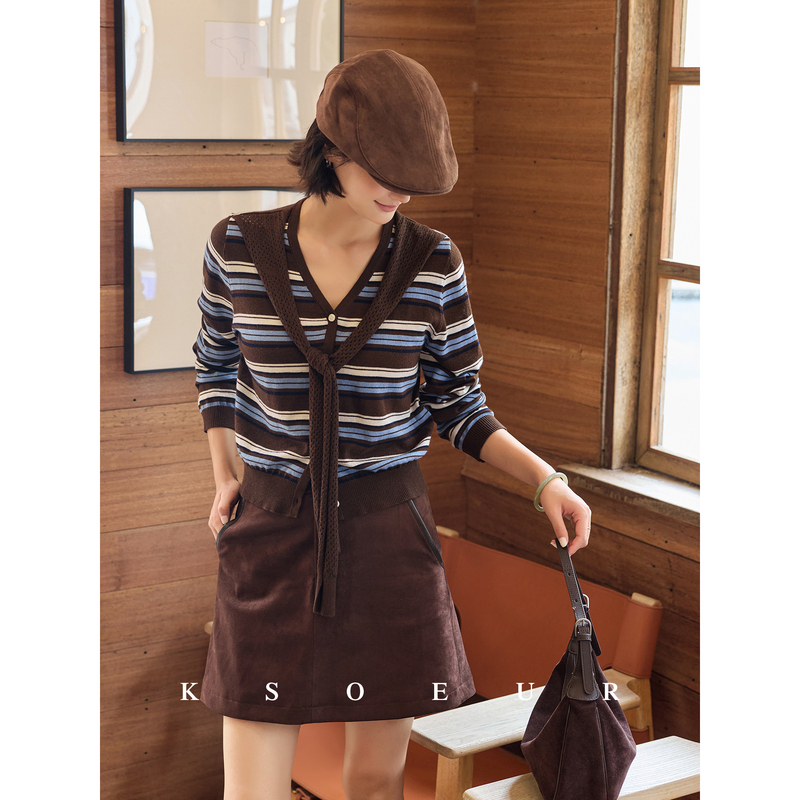 K Sister Ksoeur【Crochet Stripe】48-Count Merino Wool Crochet Shawl Striped Knit Sweater for Women