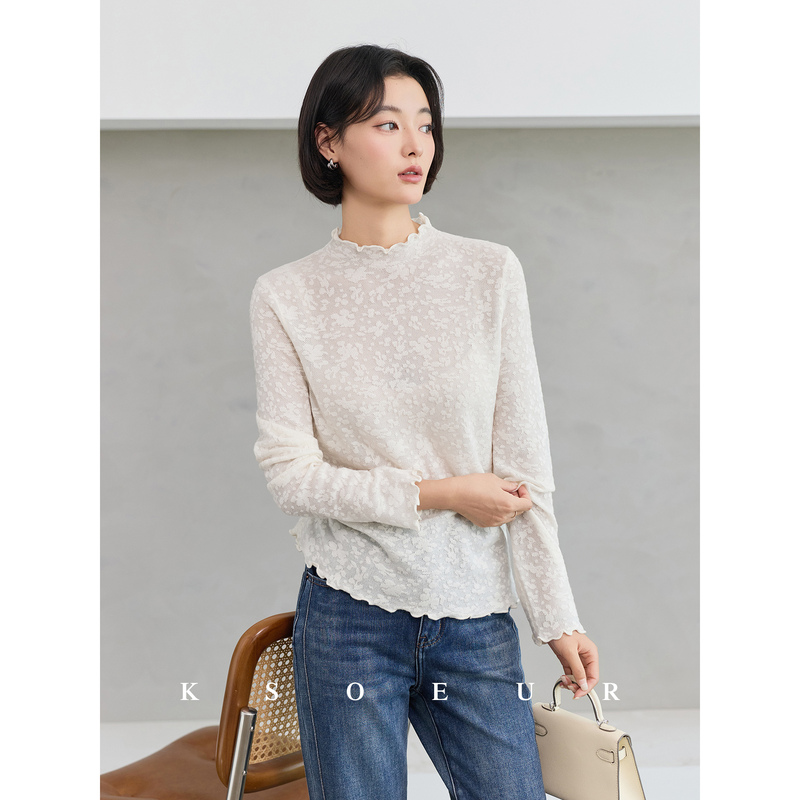 K Sister Ksoeur【Little Floral Blouse】Embossed Three-Dimensional Jacquard with Lace-Like Organza Wool Blouse for Women