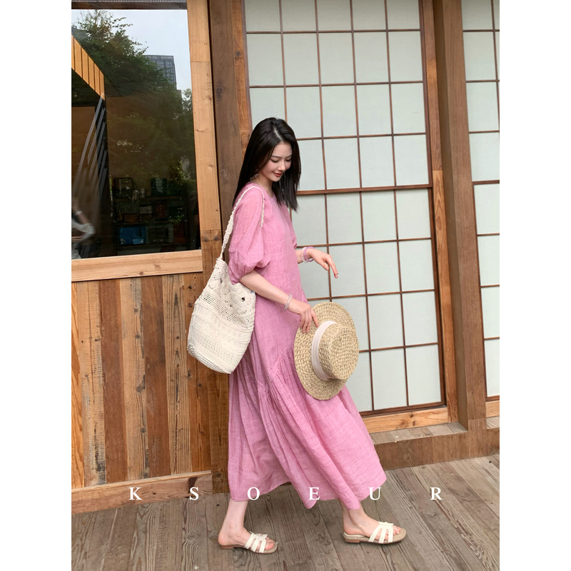 K Sister Ksoeur 【Summer Guava】 Ramie Tencel Blend Loose Structured Doll Dress for Women
