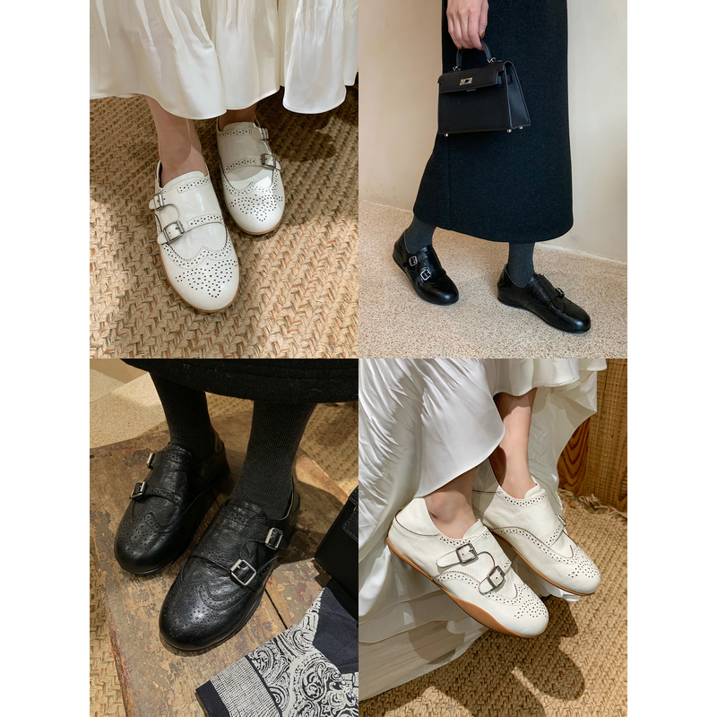 K Sister [Brogue British Monk Shoes] First-Layer Cowhide and Sheepskin Insole Height-Increasing Loafers