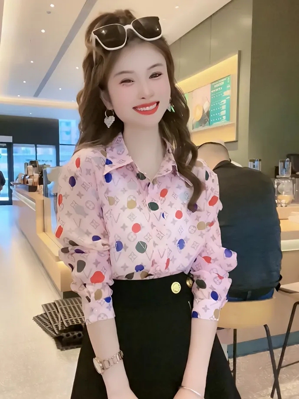 Bargain Special Price Clearance Export Discount Colorful Polka Dot Letter Print Design Long-Sleeve Shirt Women's Summer Top