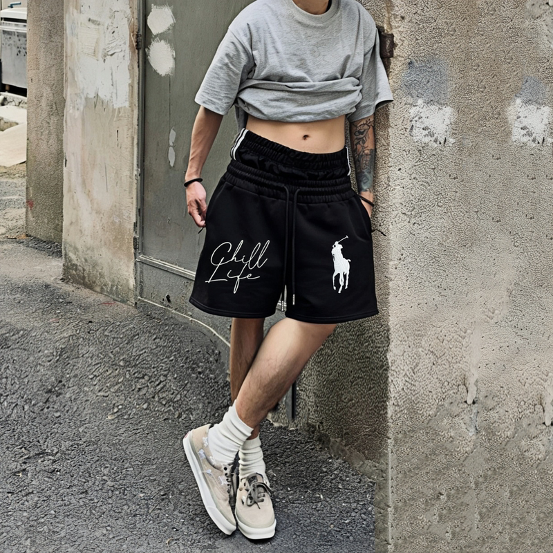 Zheng American-Style Heavyweight Angel Horse Embroidery Shorts for Men, Double Waistband, Patchwork, Loose Casual Five-Point Shorts for Summer