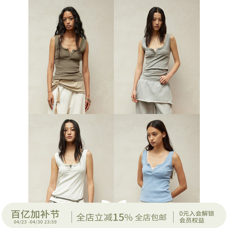 Square Circle Spring and Summer Vacation Style Lace Collar Patchwork Henry Collar Layered Workwear Vest Top