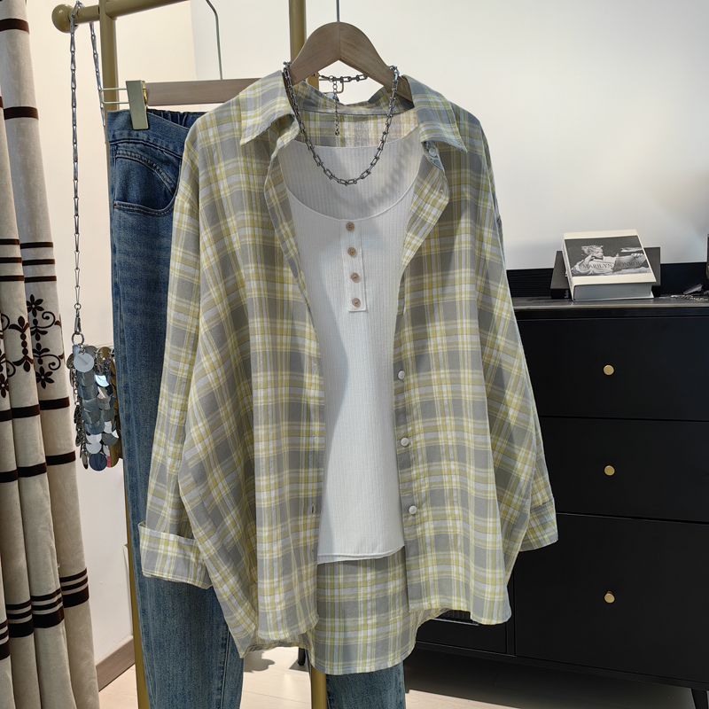 2024 New Autumn Women's Long-Sleeved Shirt, American Casual Plaid Shirt, All-Cotton, Lazy Style, Loose Top for Layering