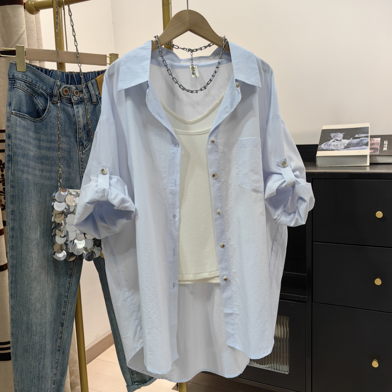 Korean-Style Light Blue Tencel Texture Cotton Shirt for Women, Summer Loose and Lazy Style Sun Protection Shirt, Versatile Cuffed Sleeve Top Korean-Style Light Blue Tencel Texture Cotton Shirt for Women, Summer Loose and Lazy Style Sun Protection Shirt, Versatile Cuffed Sleeve Top