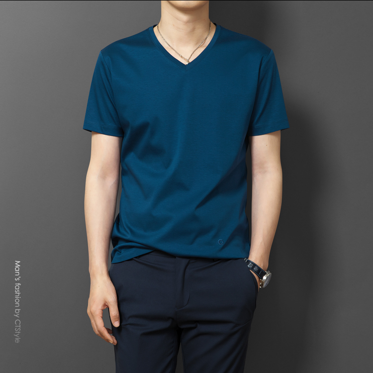 Áo thun cotton tay ngắn cotton cổ chữ V tay cotton nửa tay lỏng lẻo màu băng lụa trong tay áo người cao tuổi chạm đáy áo quần nam Áo thun nam Hàn Quốc
