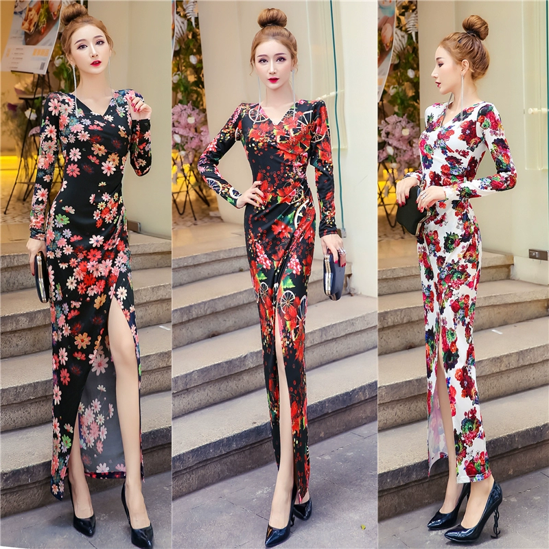 2021 phụ nữ mới mùa thu sexy cổ chữ V mỏng túi giảm béo hông váy xẻ cao thời trang in váy dài - Váy dài