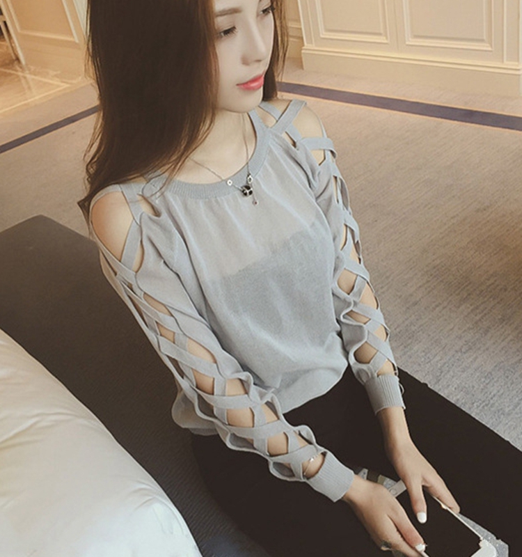 2018 mùa xuân mới Hàn Quốc dài tay áo thun Chic mặt cắt ngang rỗng của hoang dã đáy áo phụ nữ áo thun mỏng áo len nữ hàng hiệu