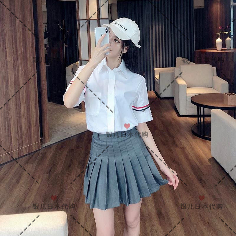 Silver Children's Daily Generation ThomBrowne Classic Men and Women's College Wind Neckline Double Sleeve Mark Striped Pure Cotton Short Sleeve Shirt