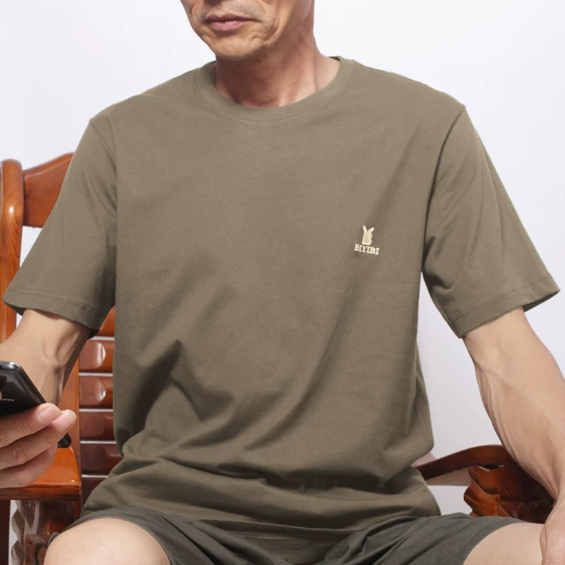 Cotton solid summer short sleeve T-shirt with a round collar, for middle-aged man, oversize, for middle age