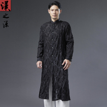 Chinese wind long style collar mens clothing cut flowers silk cotton pure color long shirts retro long robes to perform casual Tang dress blouses
