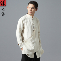 Original Chinese style long shirt male Chinese style collar buckle cardigan long sleeve cotton linen shirt autumn coat tide