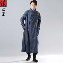 Chinese style plus velvet trench coat male long embroidered Ramie robe coat autumn and winter retro style stand collar loose coat